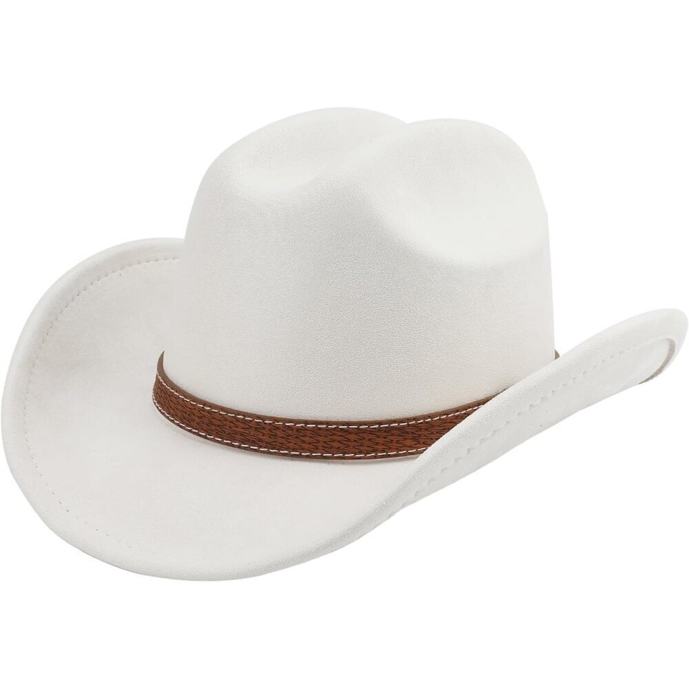 Unisex White Western Faux Stitched Leather Band Classic Fedora Cowboy Felt Hat